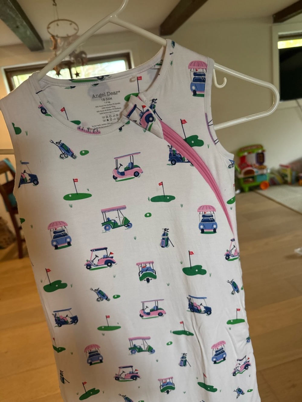 NWOT Angel Dear White Sleeveless Baby Sleep Sack Pink & Green Golf Cart Print